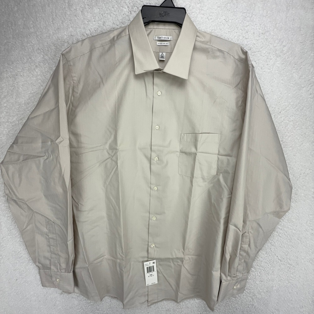 Van Heusen Regular Fit Dress Shirt Mens 18 36/37 Tan Wrinkle Free Long Sleeve